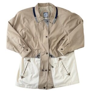 Vintage Womens Two Tone Utility Barn Jacket Size M Tan Cream Drawstring 90s